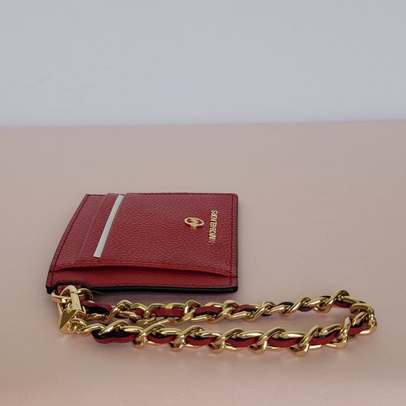 MICHAEL KORS Jet Set Small ID Pebbled Leather Chain Card Holder Case-Crimson⭐ - Picture 14 of 16